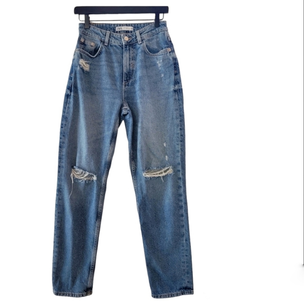 Zara | High Waisted Medium Wash Distressed Jeans Size 0